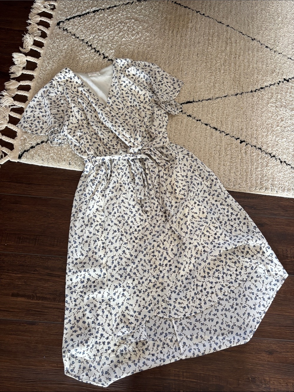 White Floral Wrap Dress with Blue Print